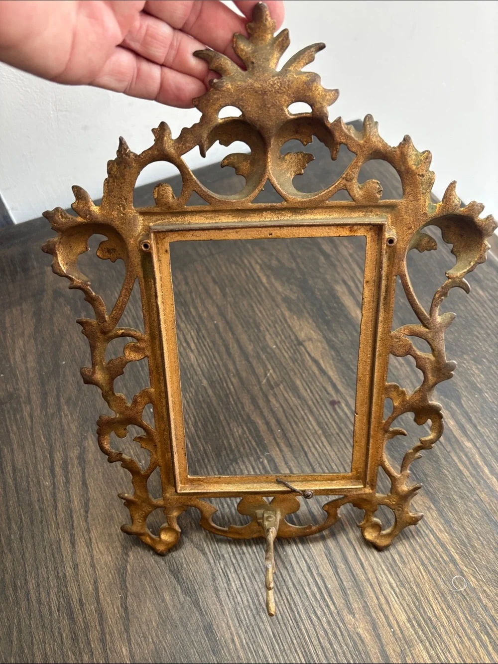 Vintage brass/gold tone table frame,ornate design,no glass, 12x8.5”,5x7” photo